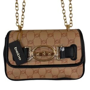 Bebe Monogram Crossbody Bag Tan Black Gold‎ Chain Strap Logo Shoulder Bag NEW